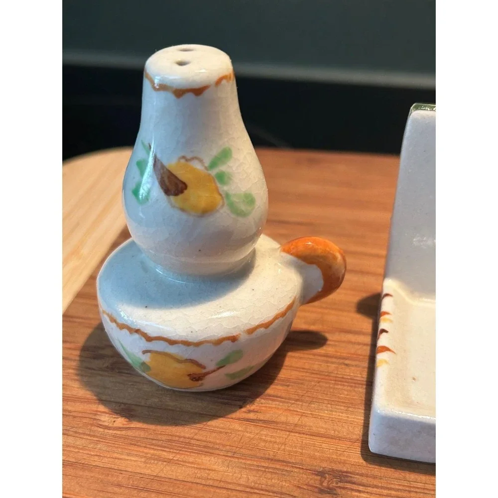 Vintage Ceramic Salt and Pepper Shakers with Wall Mount Shelf Fruit Hand Painted
